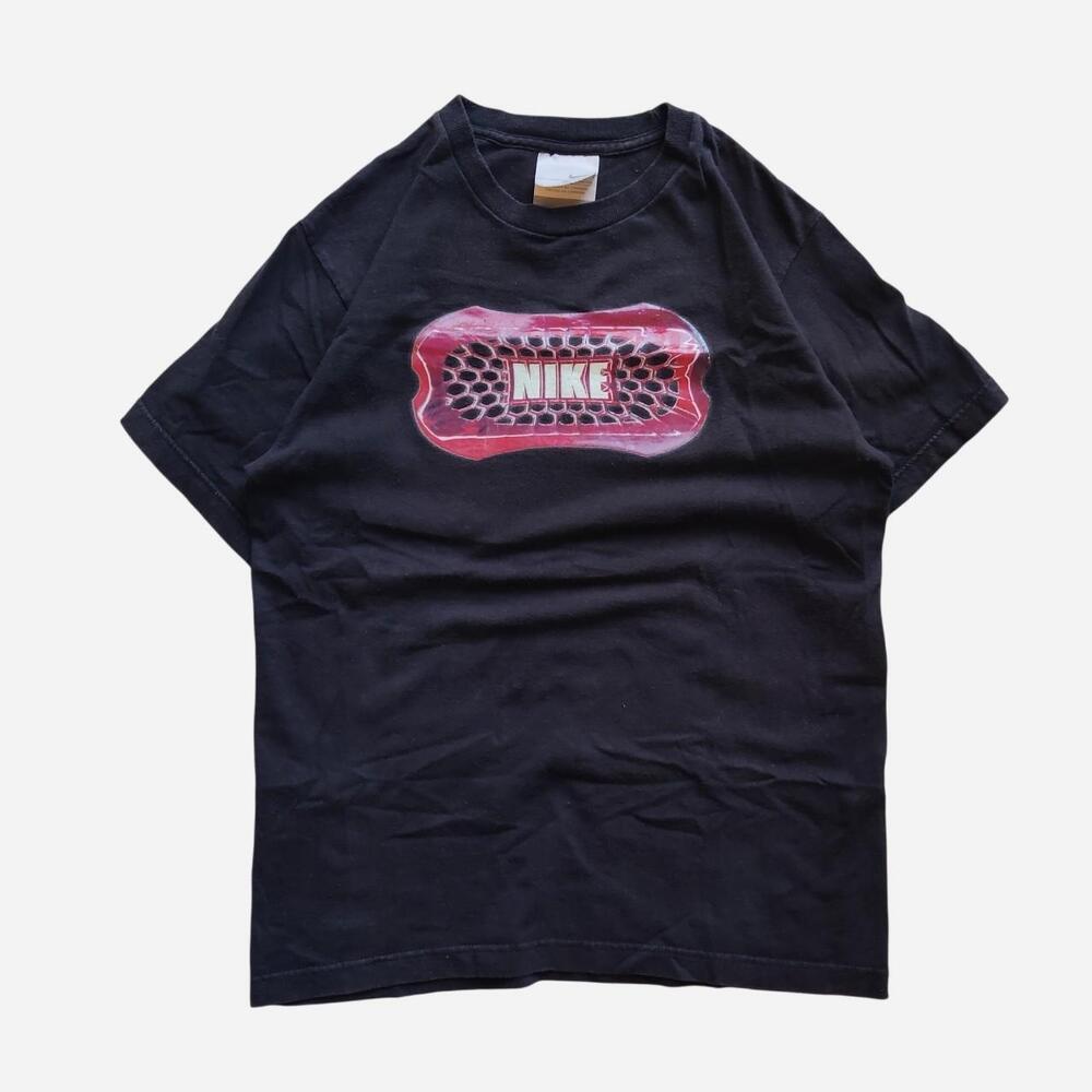 Vintage Nike black T-shirt with Rubarbized Red Nike Logo with Black Hexagonal Me